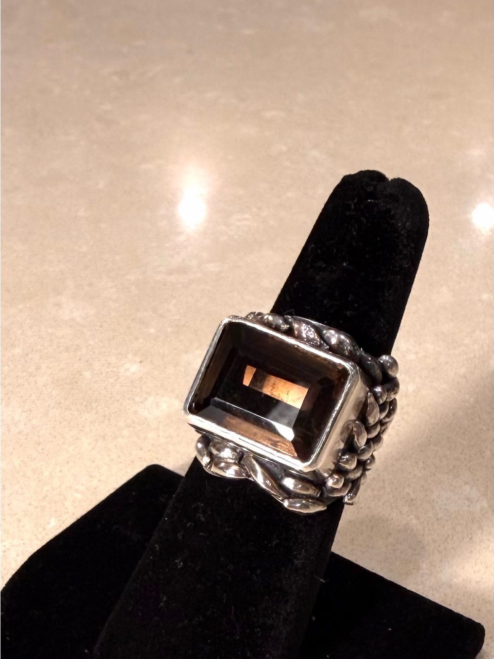 Vintage Sterling Silver Smoky Quartz Statement Ring Large Emerald Cut Leaf Vine